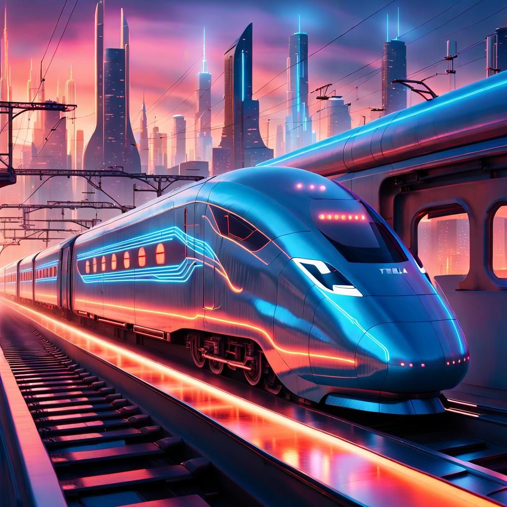 Electric Blue Tesla Mega Train Speeds Through a Futuristic C...