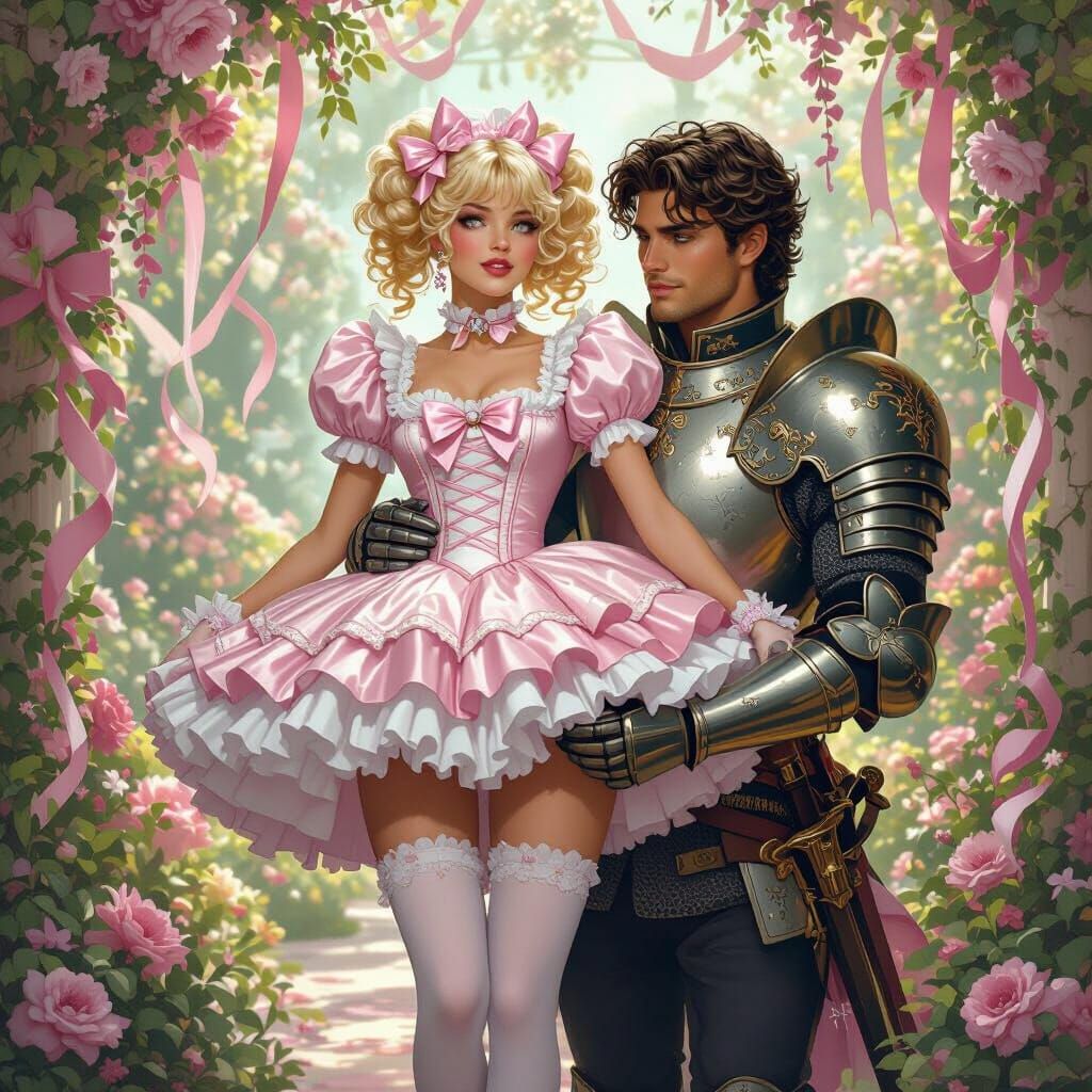 Knight Rescues Maid in Opulent Garden