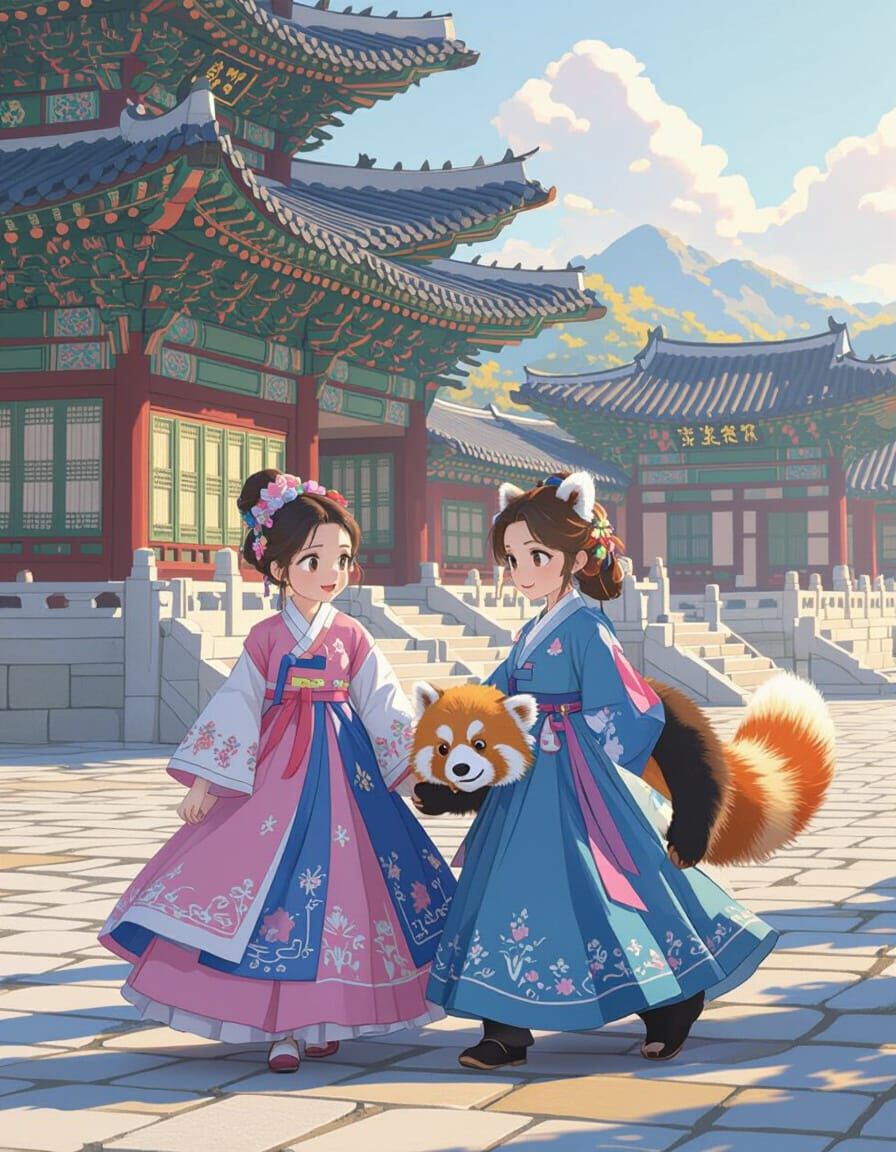 Girl and Red Panda at Gyeongbokgung Palace