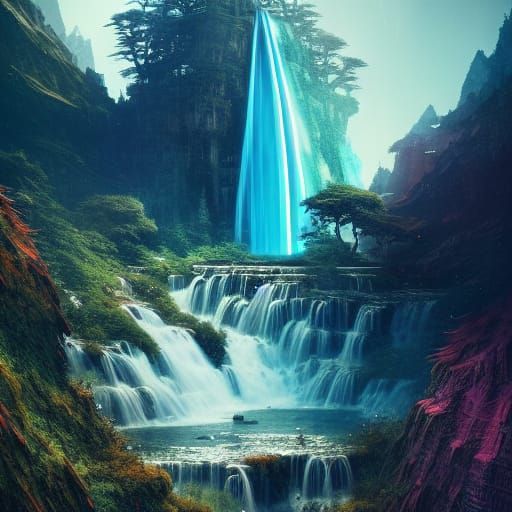 Hyperdetailed Waterfall and Mountains Photo Manipulation