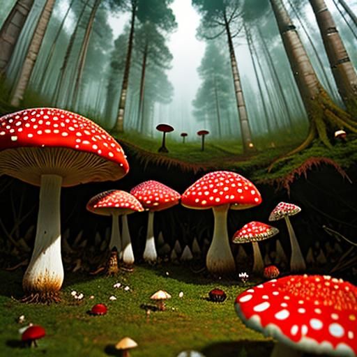 Surreal Forest Scene with Fly Agaric Mushrooms
