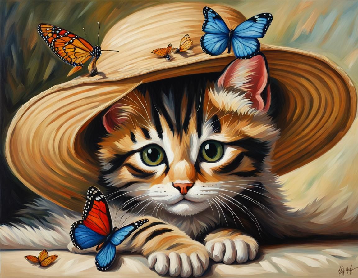 Kitten Peeking Out From Under a Hat, Oil Painting