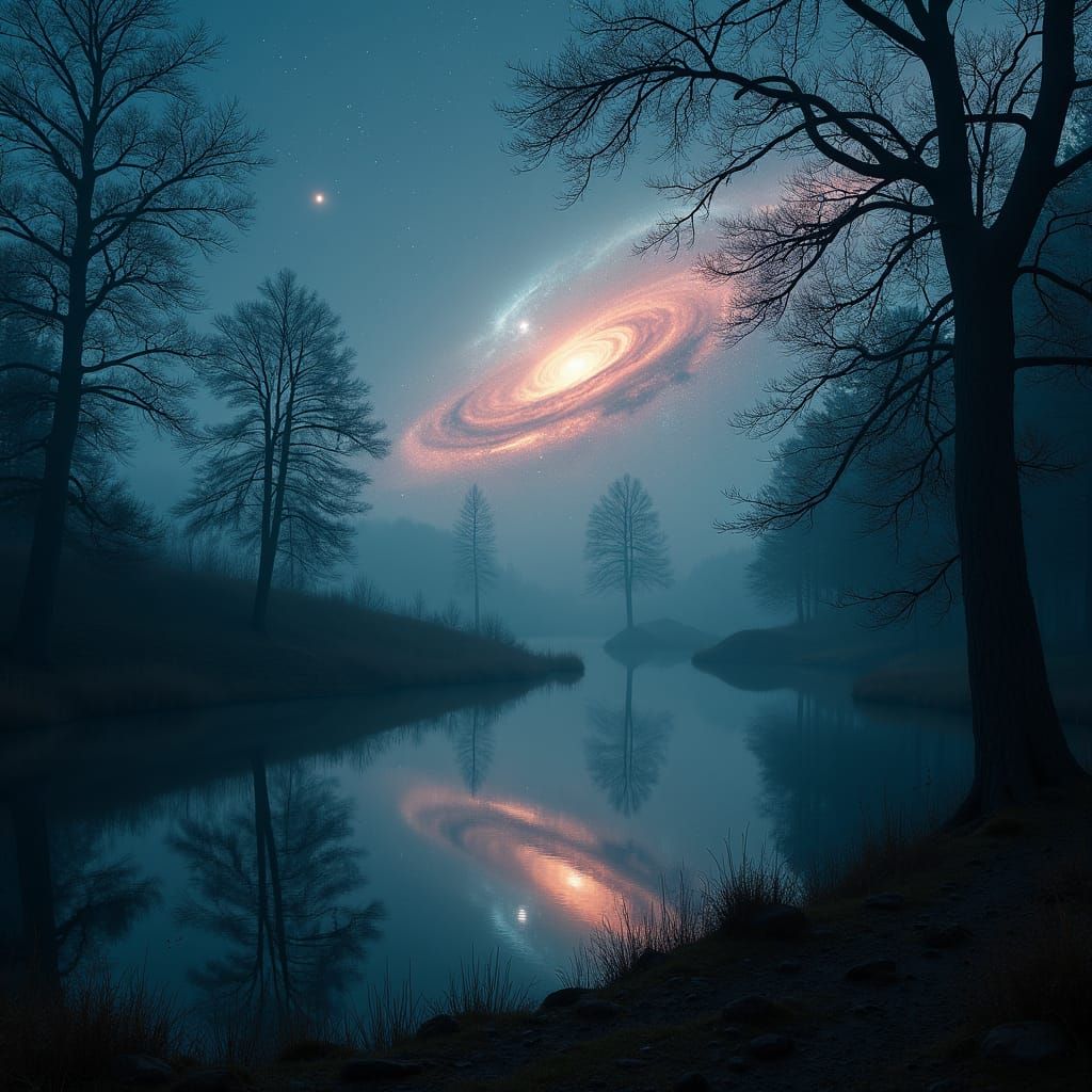 Galactic Pond Reflects Humanity in Moody Darkness