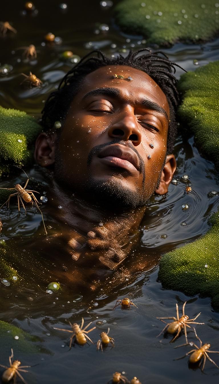 Man in Brook Surrounded by Glowing Spiders