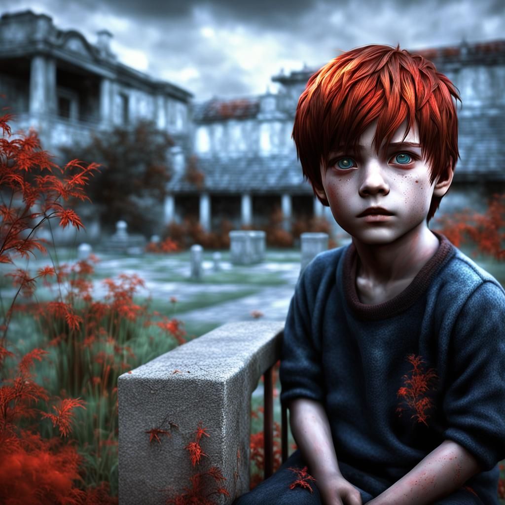 Boy with Glowing Eyes in Silent Hill Garden