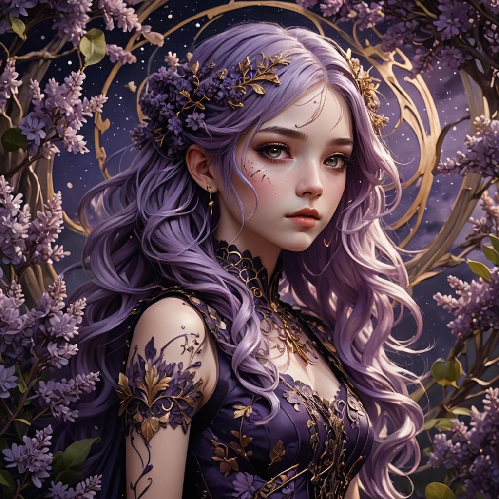 Lavender Haired Girl in Lilacs, Fantasy Art