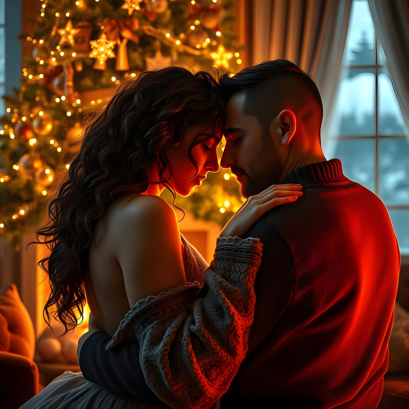 Cozy Winter Wonderland Digital Painting of Lovers by the Fir...