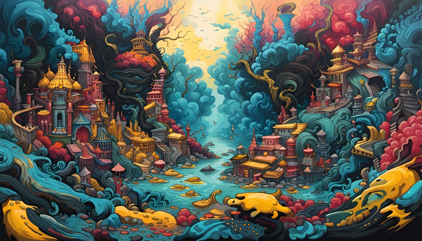 Expansive Oceanic Fantasy Landscape in Graffiti Art Style