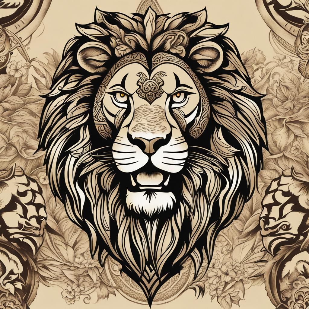 Tribal Lion Tattoo Art in Savanna Landscape