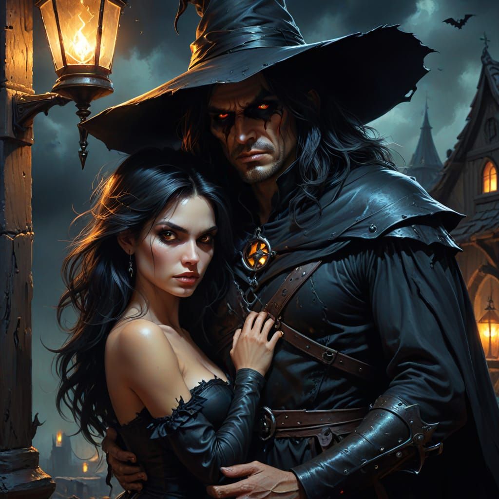 Witch Hunter With Beautiful Witch in Dark Fantasy Style