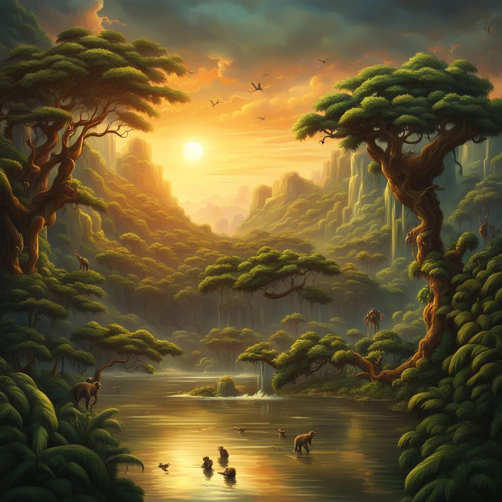Epic Jungle Sunset With Monkeys: Digital Matte Painting