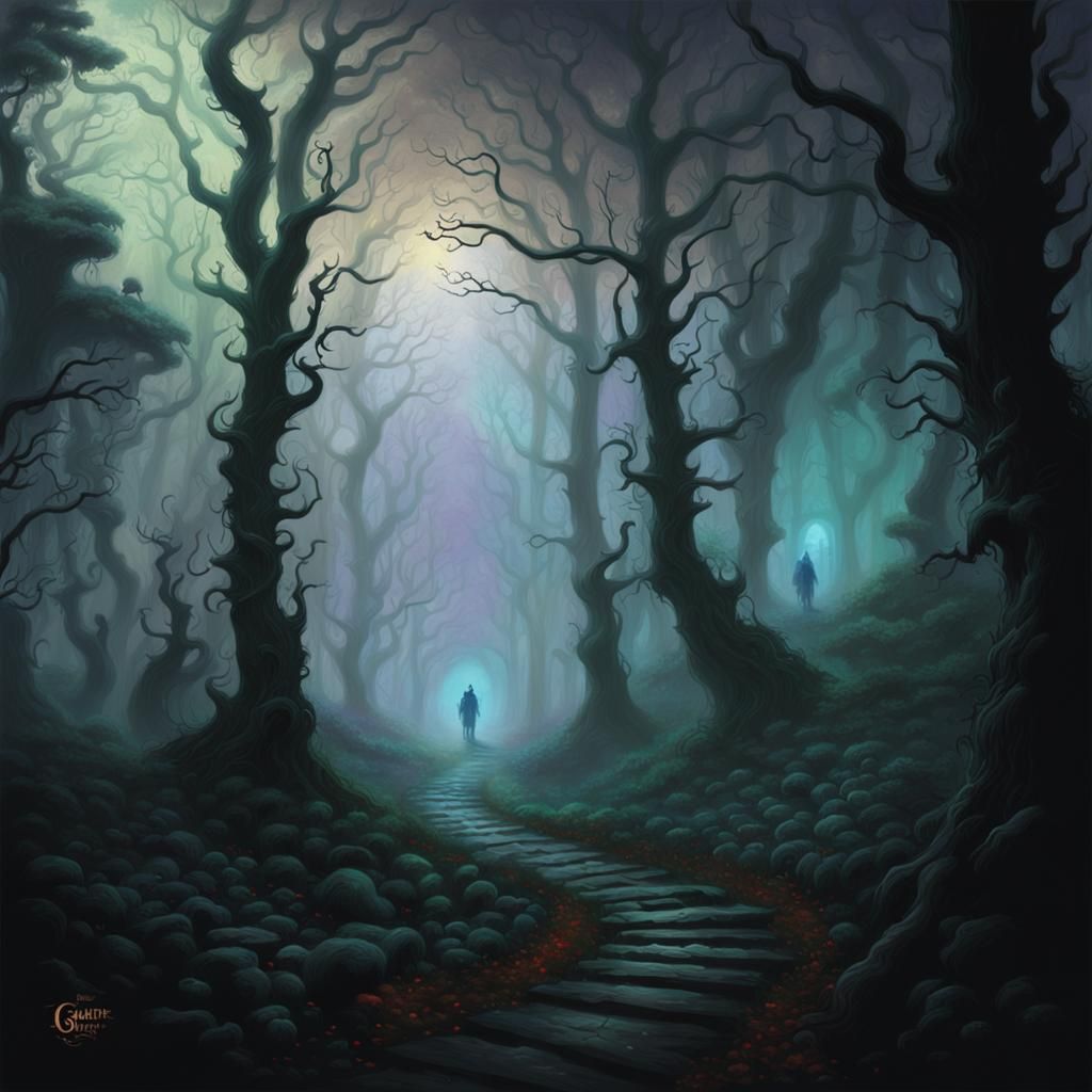Spooky Forest Pathway in Ethereal Gouache Style