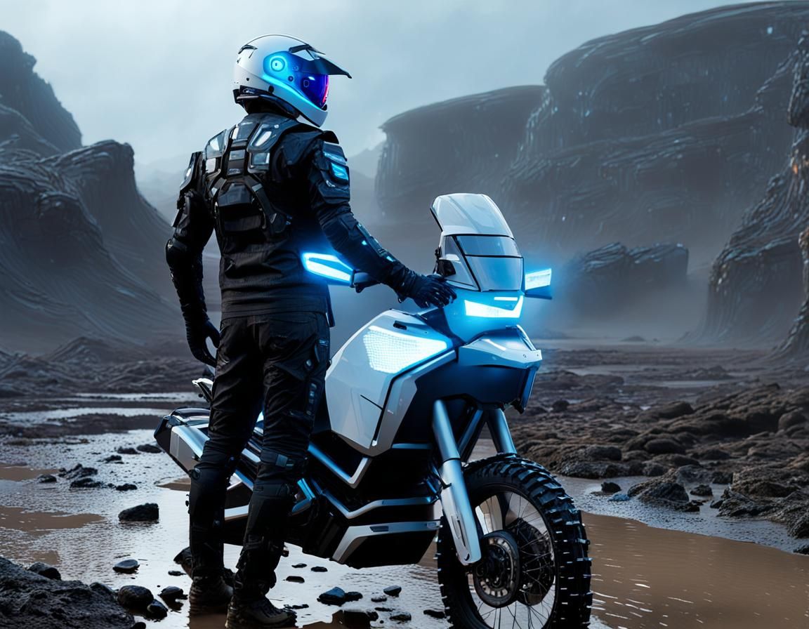 Cyberpunk Man with Titanium Spine Beside Motorcycle