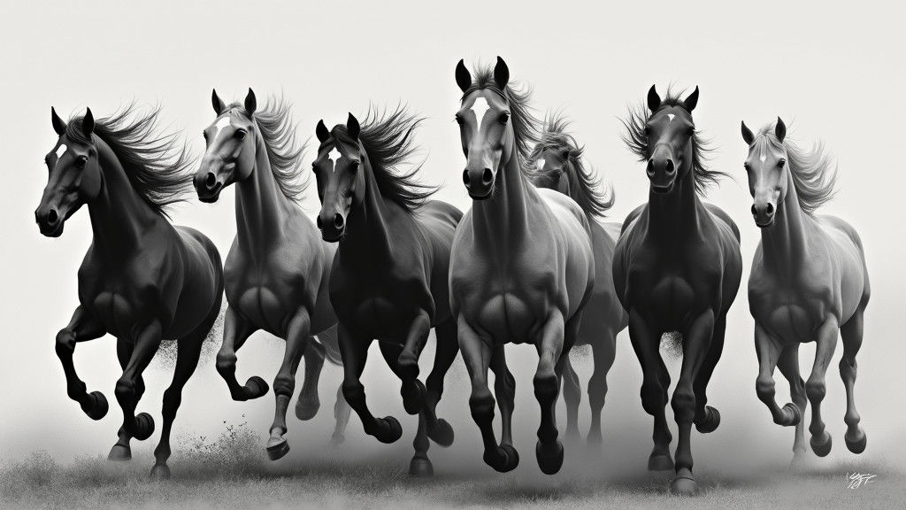 Majestic Horses Galloping: Detailed Charcoal Art in Black an...