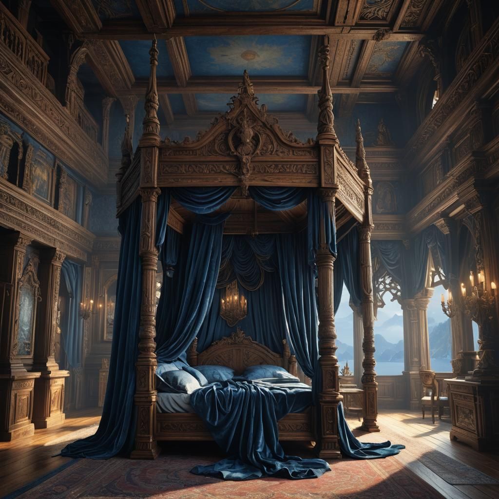 Castle Bedroom with Carved Bed and Fjord View