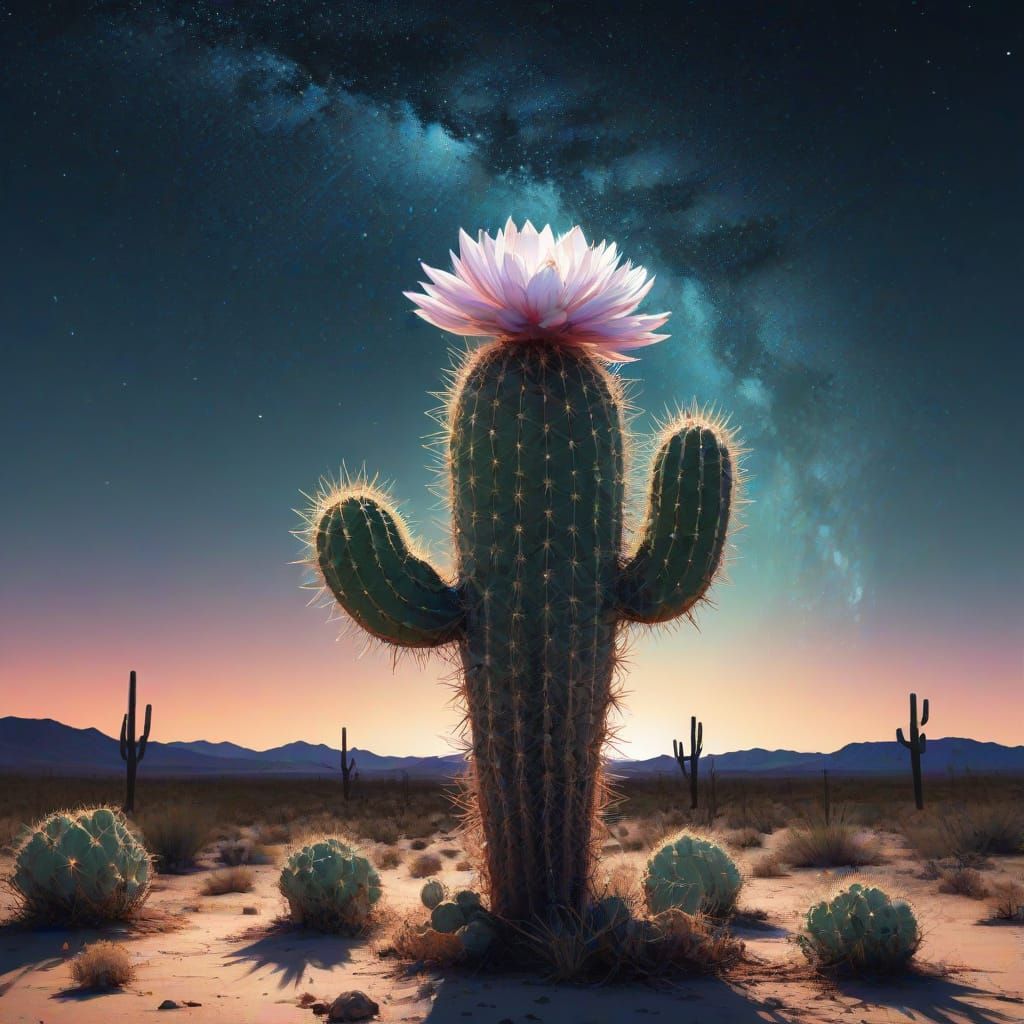 Blooming Desert Cactus at Twilight: Watercolor Art