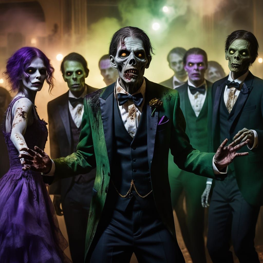 Zombies in Formal Wear Dance at Gothic Halloween Prom
