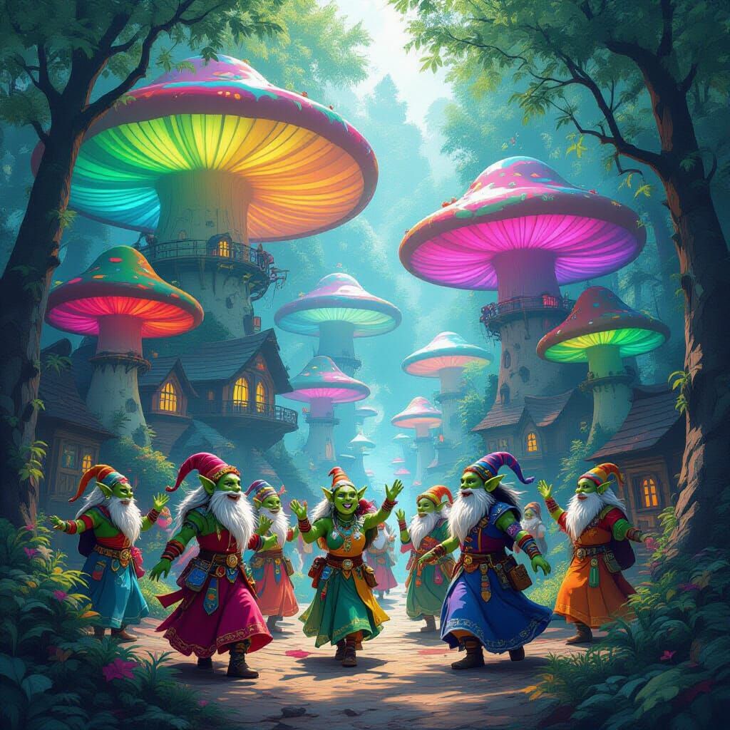Joyful Orcs Dancing in Bioluminescent Mushroom Forest