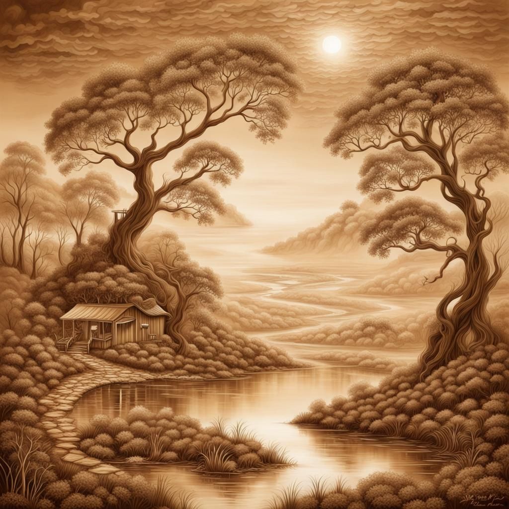 Sepia Art Illusion: Intricate Landscape with Sparkling Detai...