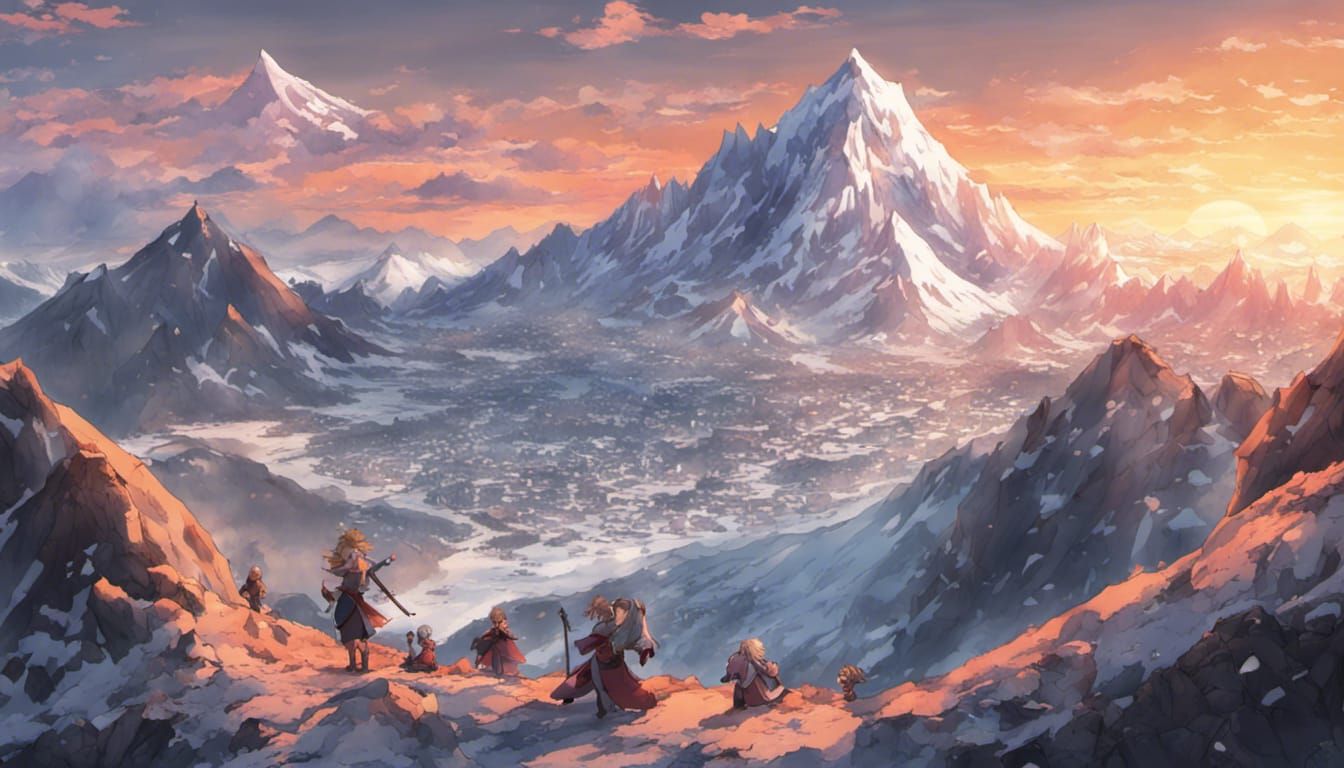 Icy Mountain Sunset with Dwarves in Anime Style