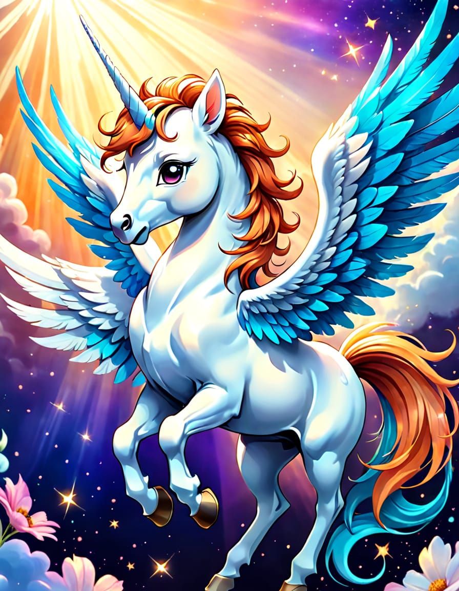 Chibi Pegasus Foal with Rainbow Wings in Watercolor Style