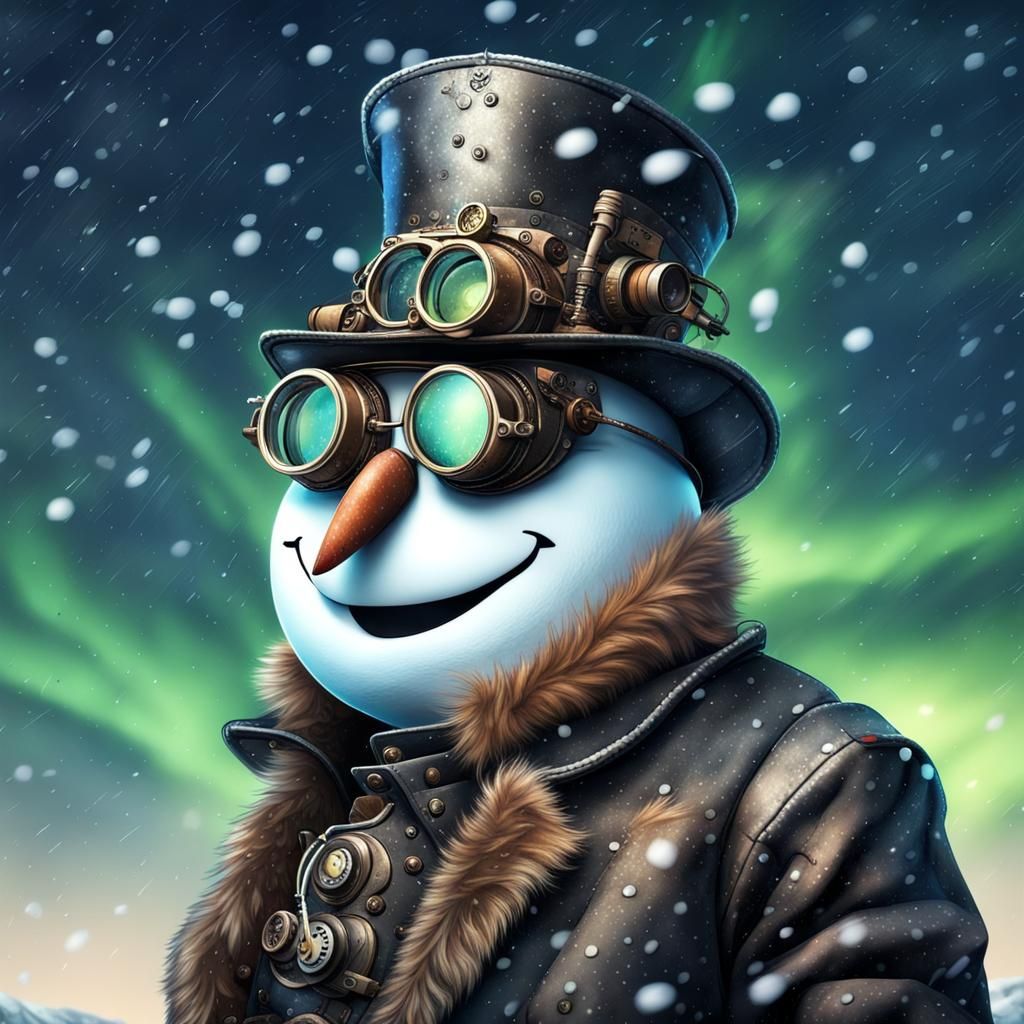 Steampunk Snowman in Aurora Snowstorm
