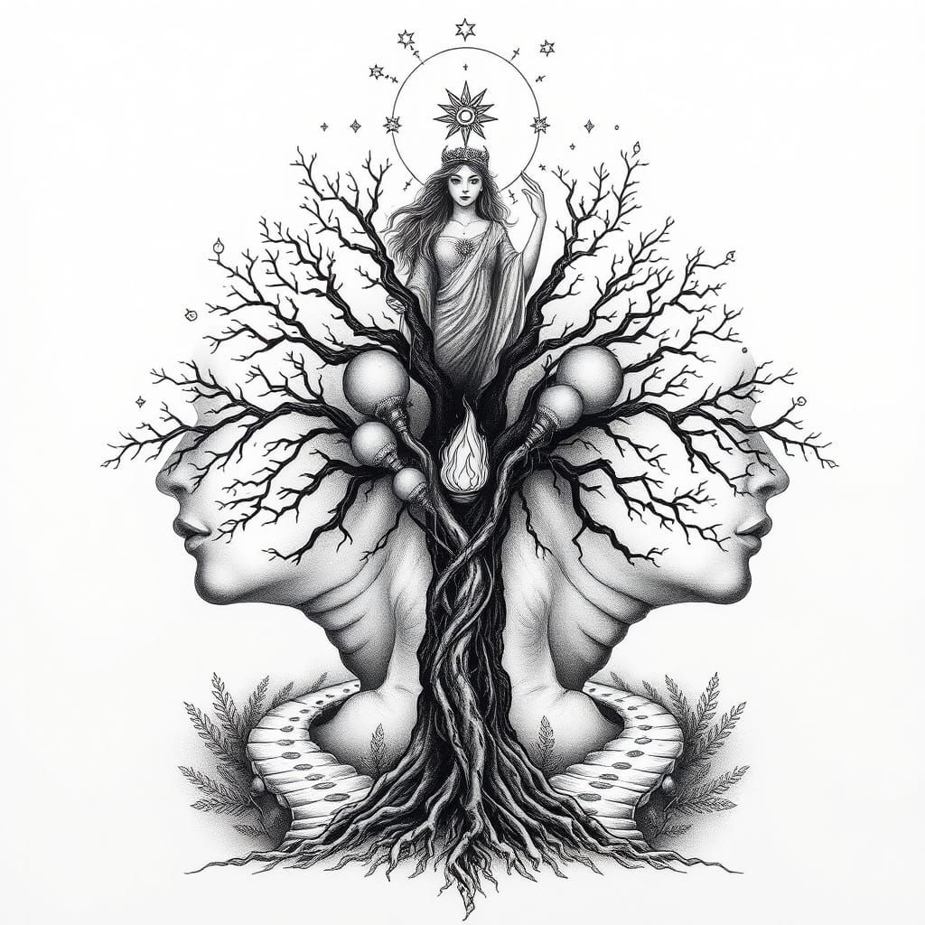 Surrealist Tattoo Drawing of Gemini Goddess and Human Tree