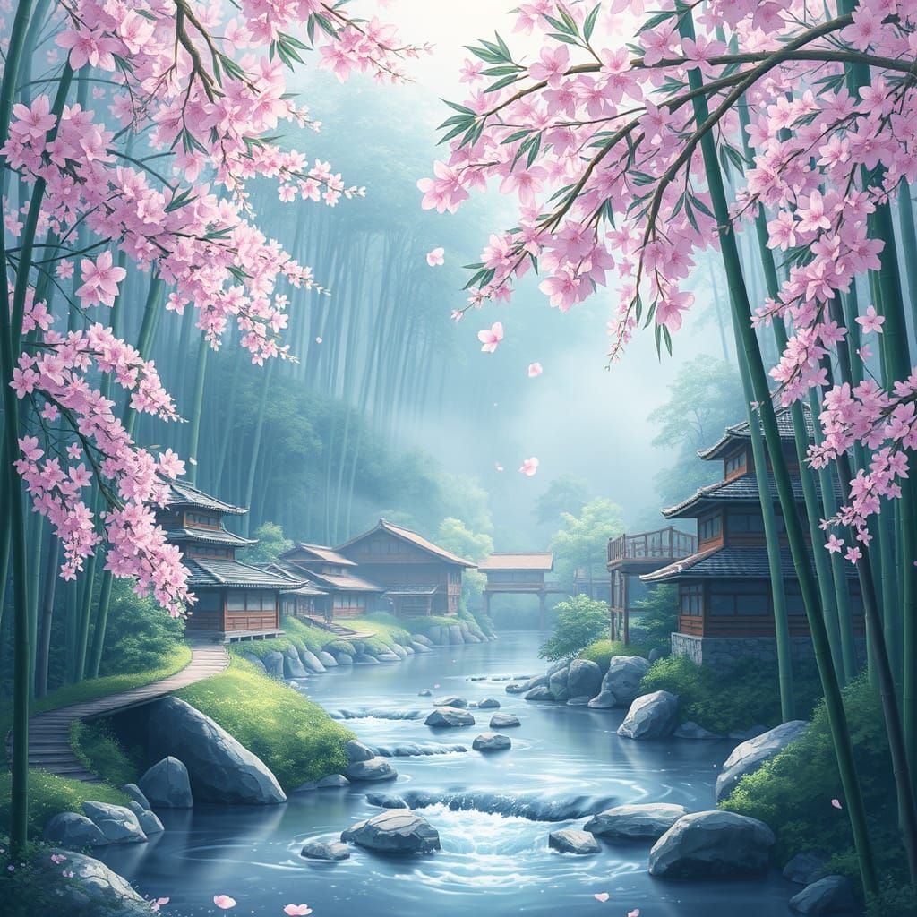 Serene Anime Village in Bamboo Forest