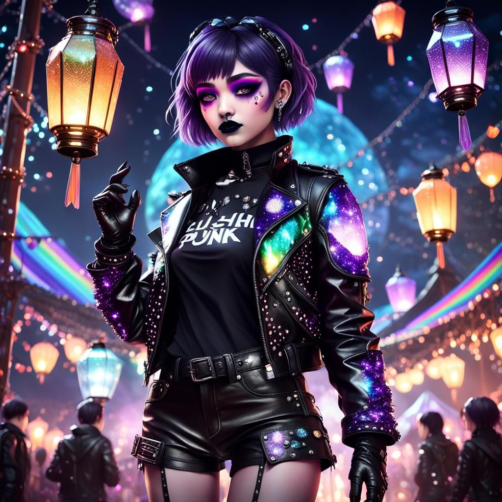 Punk Goth Anime Woman at Lantern Festival