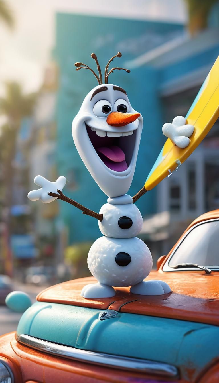 Olaf Surfing on Car Burping: Comic Book Concept Art