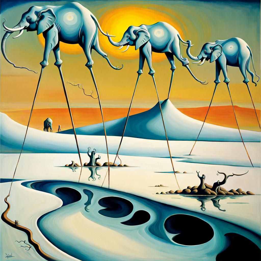 Surreal Elephants Wading in Calm Sea