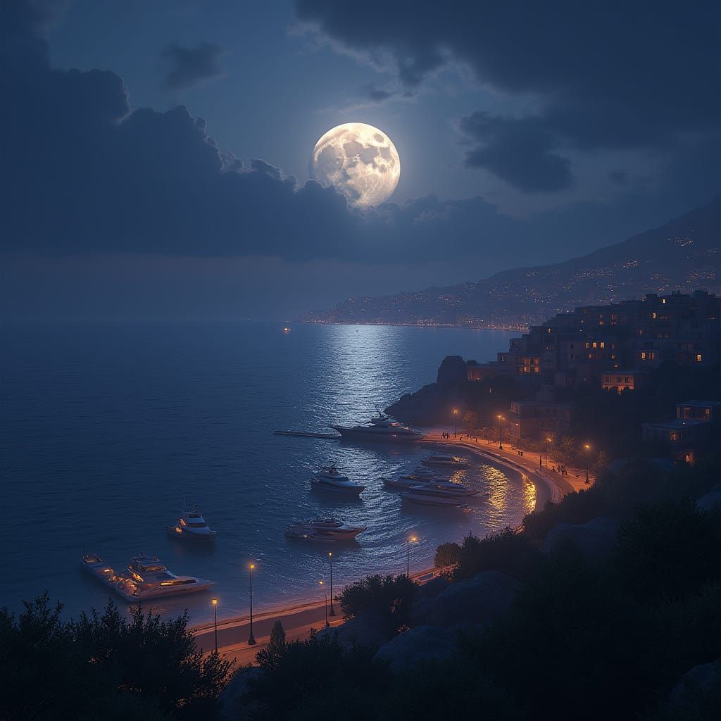 Moonlit Coastal City Marina with Glowing Lights