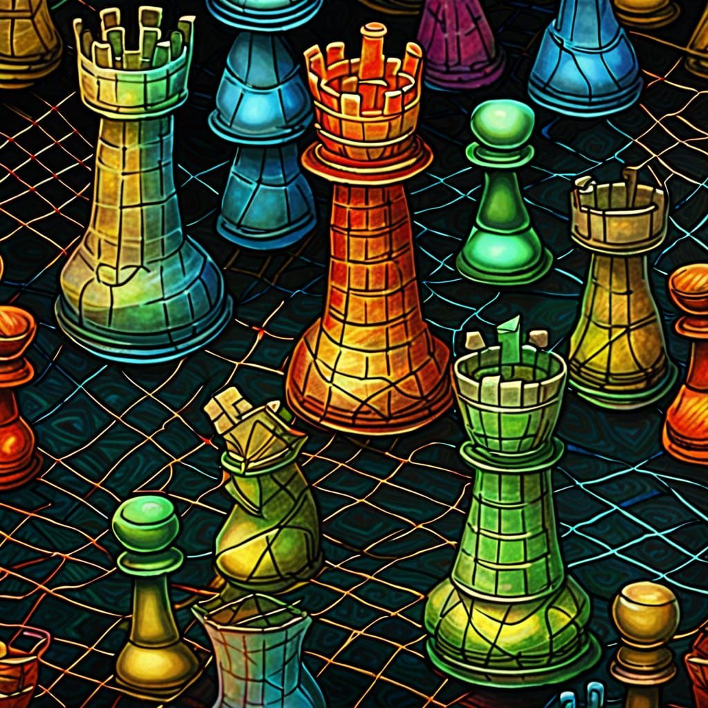 Chess Pieces Trapped in Glowing Filigree Net