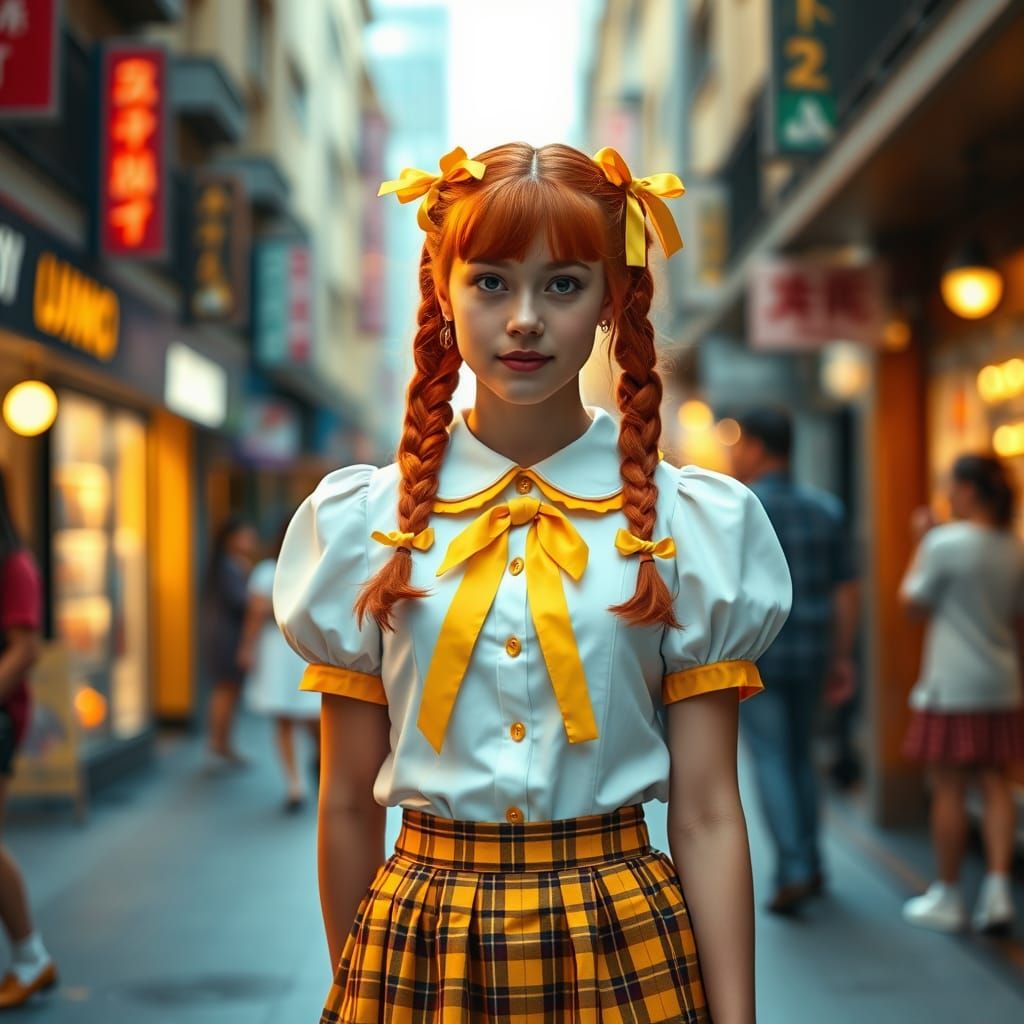 Young Woman in Vibrant Yellow School Uniform, 35mm Film Aest...