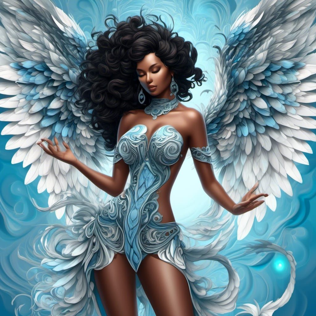 Latina Angel in Latex Dress with Iridescent Wings