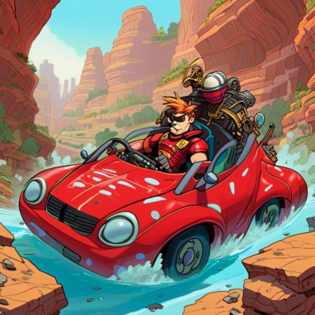 Red Race Car Canyon Run in Comic Book Style