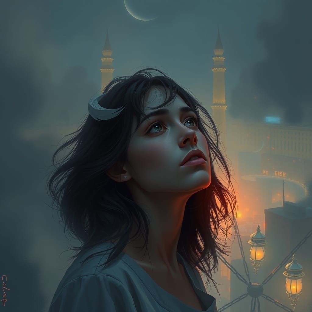 Contemplative Woman in Misty Cityscape, Digital Art