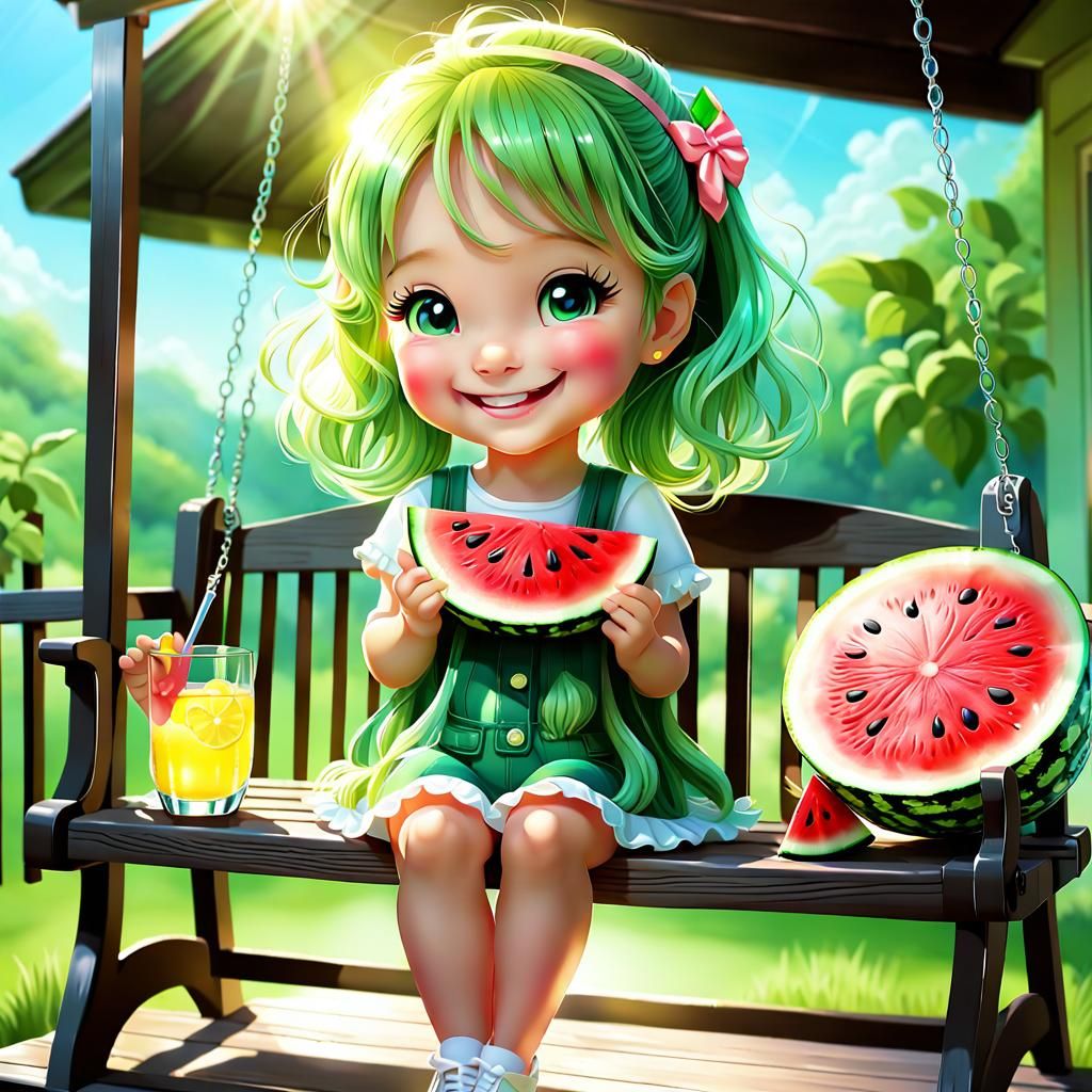 Adorable Chibi Watermelon on Porch Swing in Airbrush Style