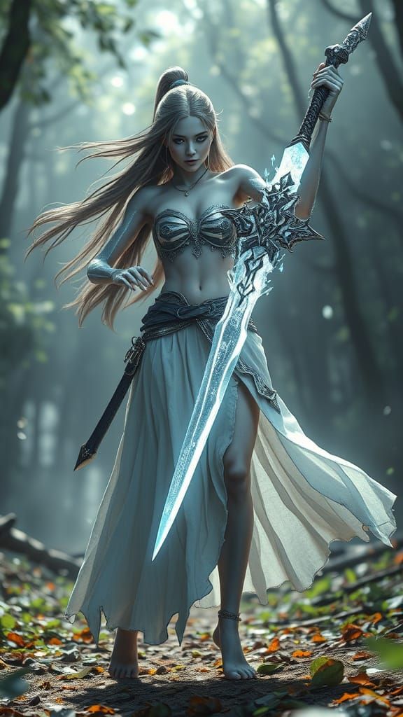 Spectral Swordswoman in Eerie Fantasy Landscape