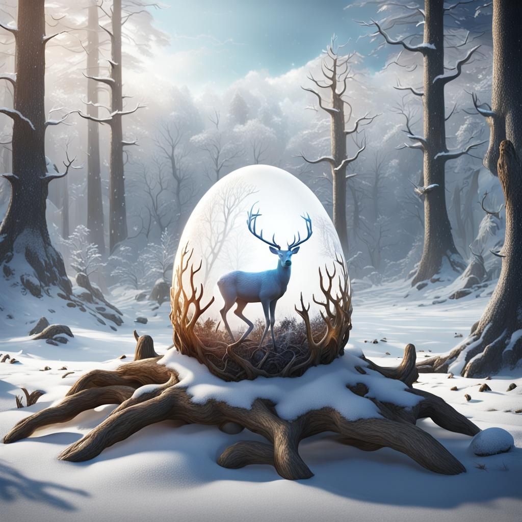 White Deer Inside Egg in Snowy Landscape