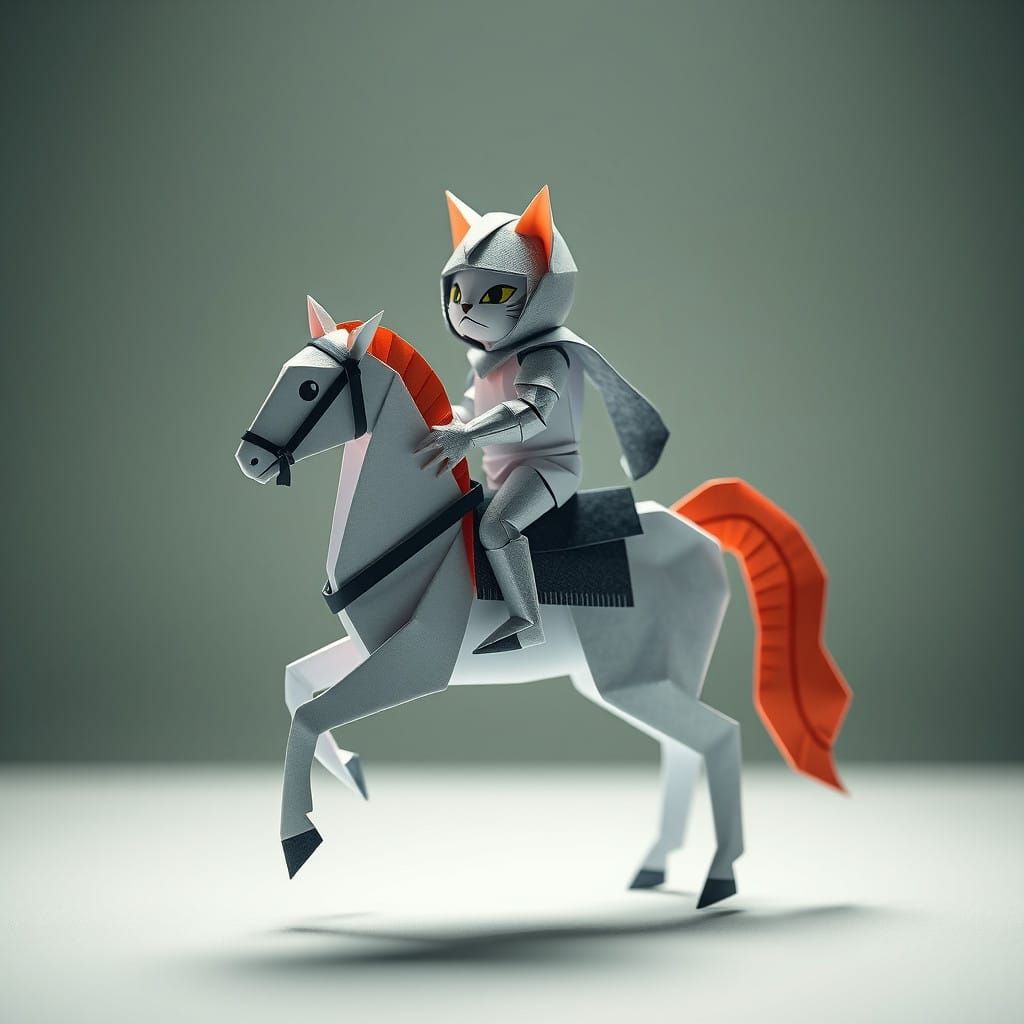 Fanciful Papercraft Knight Cat Rides Horse