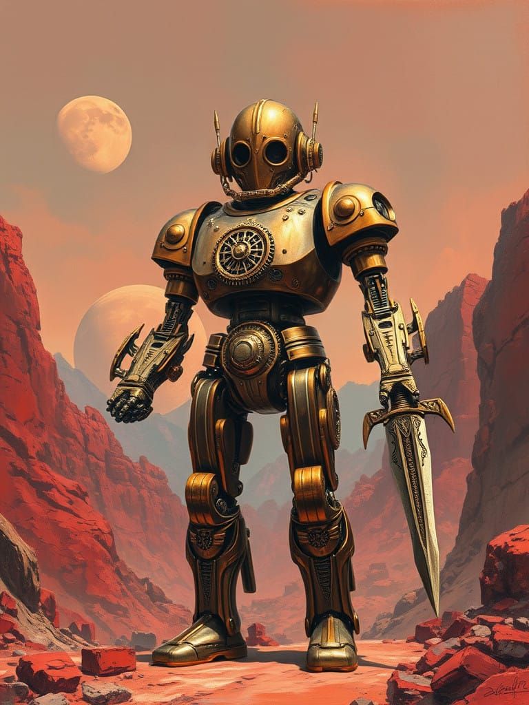 Small & Armed Science-Fantasy Robot on Red Planet