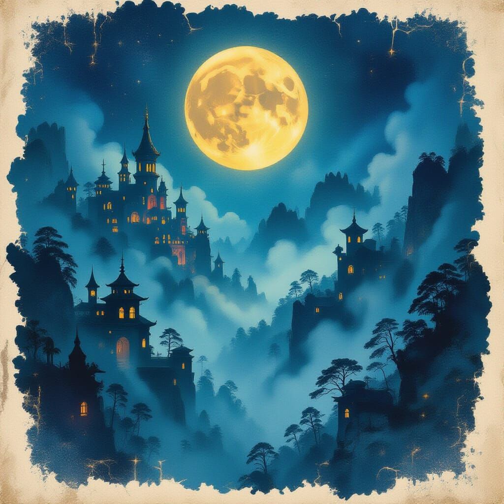 Mystical Moonlit Realm in Dreamlike Watercolor