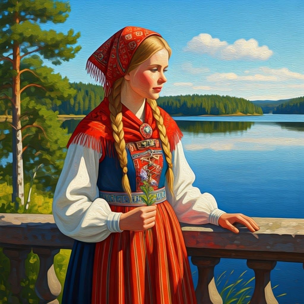 Finnish Folk Art Oil Painting of a Young Woman in Traditiona...