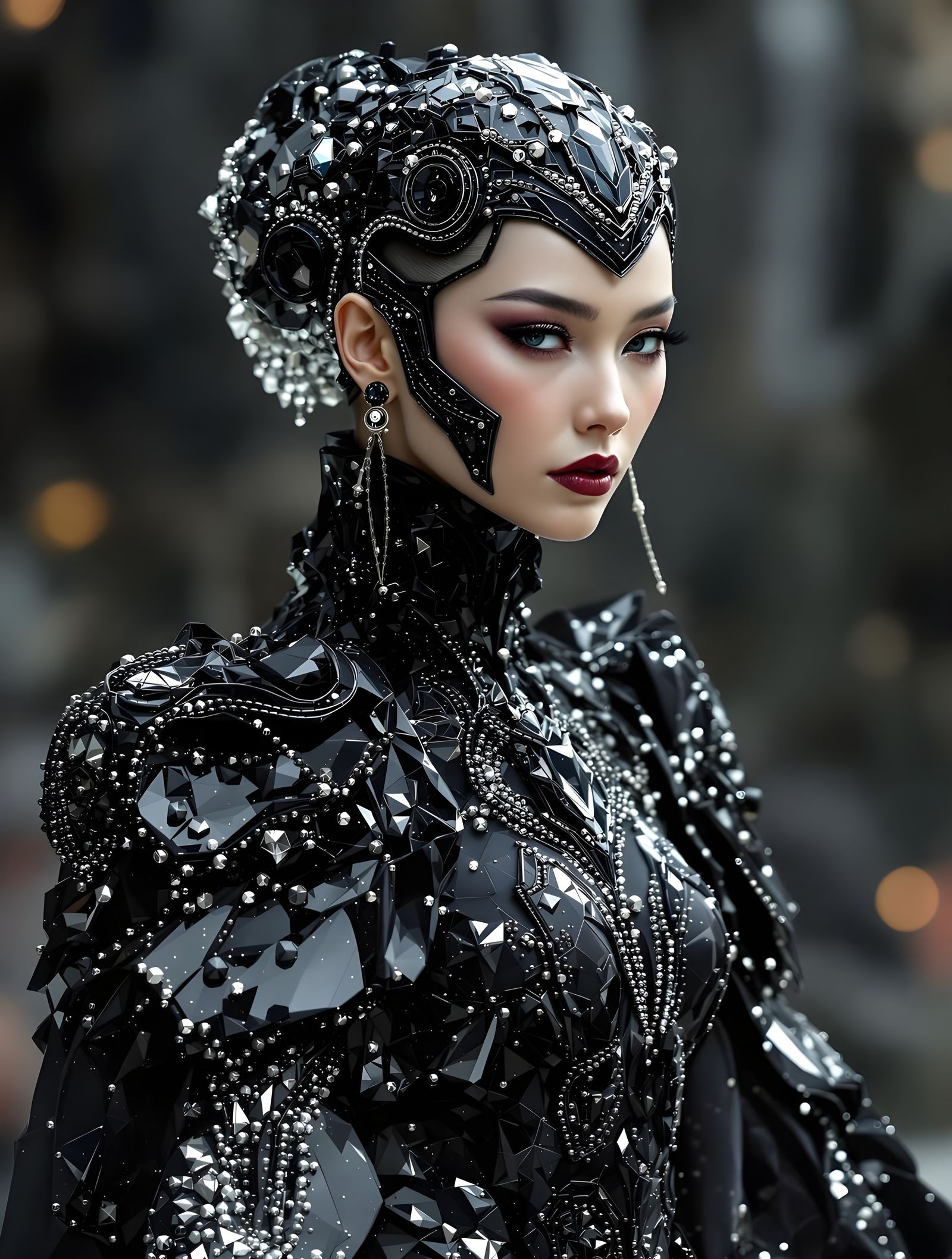 Mugler 2025 style Chinese fashion, couture, futuristic lines, detailed, emphasizes textures, high fashion, a beautiful m...