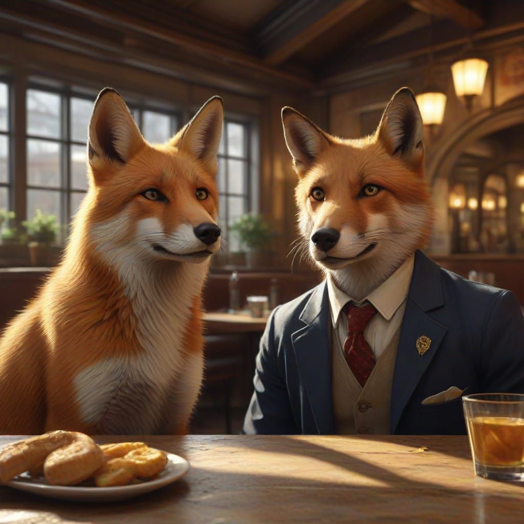 Fox and Hound at Bistro: Hyperrealistic Digital Art