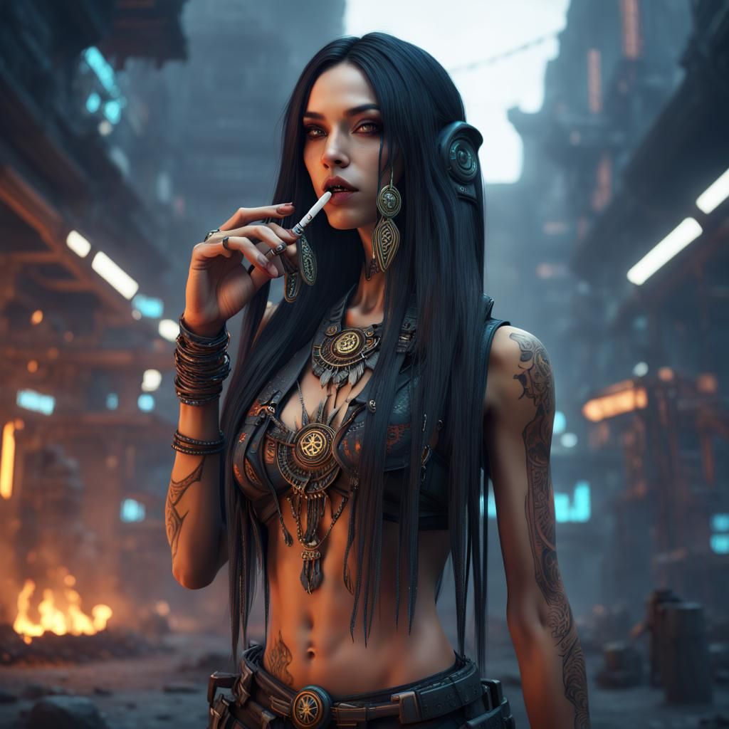 Cyberpunk Tribal Woman Smoking Cigarette