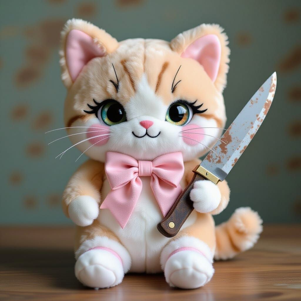 Kawaii Gothic Cat with Rusted Knife, Murakami Style