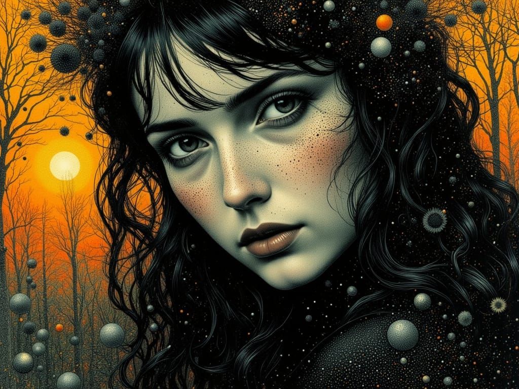 Ethereal Gothic Woman in Sunset Forest, Pointillist Style