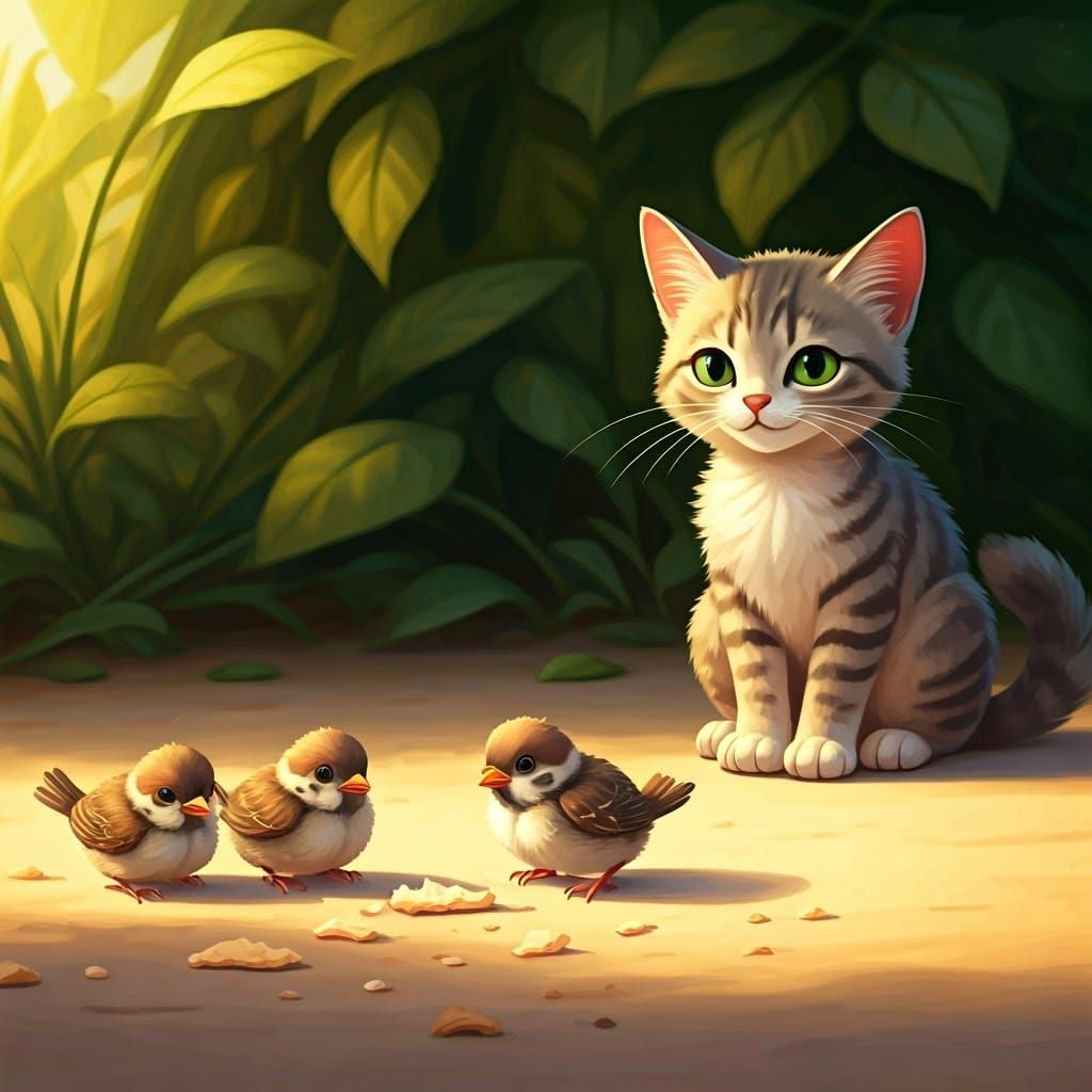 Sparrows and Cat: Whimsical Storybook Illustration